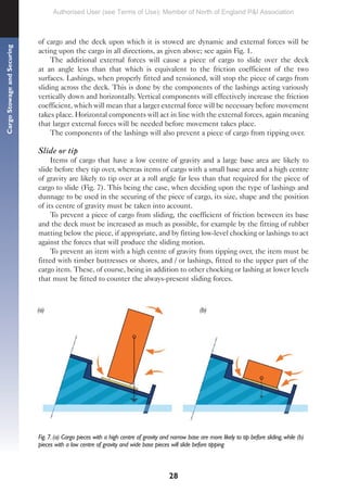 28
Cargo
Stowage
and
Securing
of cargo and the deck upon which it is stowed are dynamic and external forces will be
acting upon the cargo in all directions, as given above; see again Fig. 1.
The additional external forces will cause a piece of cargo to slide over the deck
at an angle less than that which is equivalent to the friction coefficient of the two
surfaces. Lashings, when properly fitted and tensioned, will stop the piece of cargo from
sliding across the deck. This is done by the components of the lashings acting variously
vertically down and horizontally. Vertical components will effectively increase the friction
coefficient, which will mean that a larger external force will be necessary before movement
takes place. Horizontal components will act in line with the external forces, again meaning
that larger external forces will be needed before movement takes place.
The components of the lashings will also prevent a piece of cargo from tipping over.
Slide or tip
Items of cargo that have a low centre of gravity and a large base area are likely to
slide before they tip over, whereas items of cargo with a small base area and a high centre
of gravity are likely to tip over at a roll angle far less than that required for the piece of
cargo to slide (Fig. 7). This being the case, when deciding upon the type of lashings and
dunnage to be used in the securing of the piece of cargo, its size, shape and the position
of its centre of gravity must be taken into account.
To prevent a piece of cargo from sliding, the coefficient of friction between its base
and the deck must be increased as much as possible, for example by the fitting of rubber
matting below the piece, if appropriate, and by fitting low-level chocking or lashings to act
against the forces that will produce the sliding motion.
To prevent an item with a high centre of gravity from tipping over, the item must be
fitted with timber buttresses or shores, and / or lashings, fitted to the upper part of the
cargo item. These, of course, being in addition to other chocking or lashing at lower levels
that must be fitted to counter the always-present sliding forces.
Fig. 7. (a) Cargo pieces with a high centre of gravity and narrow base are more likely to tip before sliding, while (b)
pieces with a low centre of gravity and wide base pieces will slide before tipping
(a) (b)
Authorised User (see Terms of Use): Member of North of England P&I Association
 