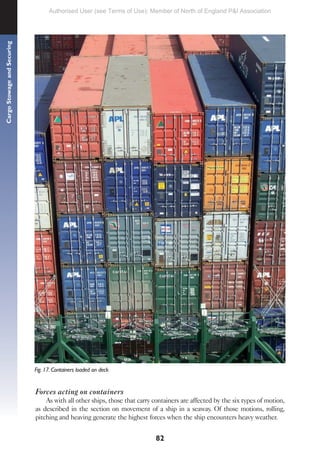 82
Cargo
Stowage
and
Securing
Forces acting on containers
As with all other ships, those that carry containers are affected by the six types of motion,
as described in the section on movement of a ship in a seaway. Of those motions, rolling,
pitching and heaving generate the highest forces when the ship encounters heavy weather.
Fig. 17. Containers loaded on deck
Authorised User (see Terms of Use): Member of North of England P&I Association
 