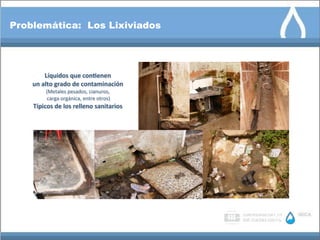 Problemática: Los Lixiviados




           Líquidos	
  que	
  con5enen	
  
    un	
  alto	
  grado	
  de	
  contaminación	
  
           (Metales	
  pesados,	
  cianuros,
          	
  carga	
  orgánica,	
  entre	
  otros)	
  
    Típicos	
  de	
  los	
  relleno	
  sanitarios
 