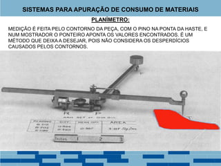 PLANÍMETRO:
MEDIÇÃO É FEITA PELO CONTORNO DA PEÇA, COM O PINO NA PONTA DA HASTE, E
NUM MOSTRADOR O PONTEIRO APONTA OS VALORES ENCONTRADOS. É UM
MÉTODO QUE DEIXA A DESEJAR, POIS NÃO CONSIDERA OS DESPERDÍCIOS
CAUSADOS PELOS CONTORNOS.
SISTEMAS PARA APURAÇÃO DE CONSUMO DE MATERIAIS
 