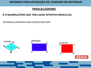 SISTEMAS PARA APURAÇÃO DE CONSUMO DE MATERIAIS
PARALELOGRAMO
É O QUADRILÁTERO QUE TEM LADOS OPOSTOS PARALELOS.
OS PARALELOGRAMOS MAIS CONHECIDOS SÃO:
 