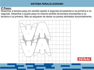 2º Passo:
Desenhar a terceira peça em sentido oposto à segunda encostando-a na primeira e na
segunda. Desenhar a quarta peça no mesmo sentido da terceira encostando-a na
terceira e na primeira. Não se esquecer de deixar os pontos alinhados horizontalmente.
SISTEMA PARALELOGRAMO
 