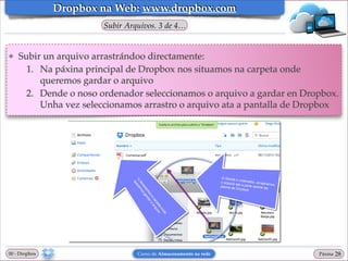 Dropbox na Web: www.dropbox.com
Subir Arquivos. 3 de 4…

❖

Subir un arquivo arrastrándoo directamente:!
1. Na páxina principal de Dropbox nos situamos na carpeta onde
queremos gardar o arquivo!
2. Dende o noso ordenador seleccionamos o arquivo a gardar en Dropbox.
Unha vez seleccionamos arrastro o arquivo ata a pantalla de Dropbox

00 - Dropbox

Curso de Almacenamento na rede

Páxina

"28

 