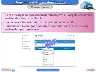 Dropbox na Web: www.dropbox.com
Descargar Arquivos

❖

❖
❖

Para descargar ao noso ordenador un arquivo ou carpeta accedemos
a el dende a ﬁestra de Dropbox.!
Prememos sobre o arquivo ou carpeta co botón dereito. !
Pulsamos en Descargar e gardamos o arquivo na carpeta do noso
ordenador que desexemos.

00 - Dropbox

Curso de Almacenamento na rede

Páxina

"31

 