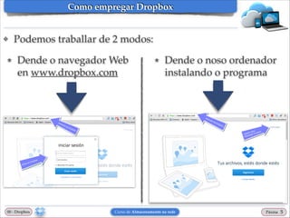 Como empregar Dropbox

❖

!

★

Podemos traballar de 2 modos:!
Dende o navegador Web
en www.dropbox.com

00 - Dropbox

★

Dende o noso ordenador
instalando o programa

Curso de Almacenamento na rede

Páxina

"5

 