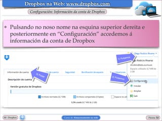 Dropbox na Web: www.dropbox.com
Conﬁguración: Información da conta de Dropbox

❖

Pulsando no noso nome na esquina superior dereita e
posteriormente en “Conﬁguración” accedemos á
información da conta de Dropbox

00 - Dropbox

Curso de Almacenamento na rede

Páxina

"50

 