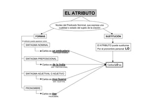 EL ATRIBUTO

                                          Núcleo del Predicado Nominal, que expresa una
                                             cualidad o estado del sujeto de la oración


                FORMAS                                                                    SUSTITUCIÓN

El atributo puede aparecer como:

    SINTAGMA NOMINAL                                                             El ATRIBUTO puede sustituirse
                                                                                 Por el pronombre personal   LO
                         Carlos es un embustero
                                       SINTAGMA NOMINAL



    SINTAGMA PREPOSICIONAL

                         Carlos es de la India                                             Carlos LO es
                                     SINT. PREPOSICIONAL



    SINTAGMA ADJETIVAL O ADJETIVO

                         Carlos es muy bueno
                                       SINT. ADJETIVAL



    PRONOMBRE

                         Carlos es ése
                                   PRONOMBRE
 