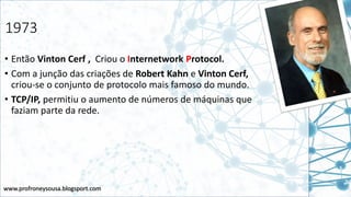 www.profroneysousa.blogsport.com
1973
• Então Vinton Cerf , Criou o Internetwork Protocol.
• Com a junção das criações de Robert Kahn e Vinton Cerf,
criou-se o conjunto de protocolo mais famoso do mundo.
• TCP/IP, permitiu o aumento de números de máquinas que
faziam parte da rede.
 