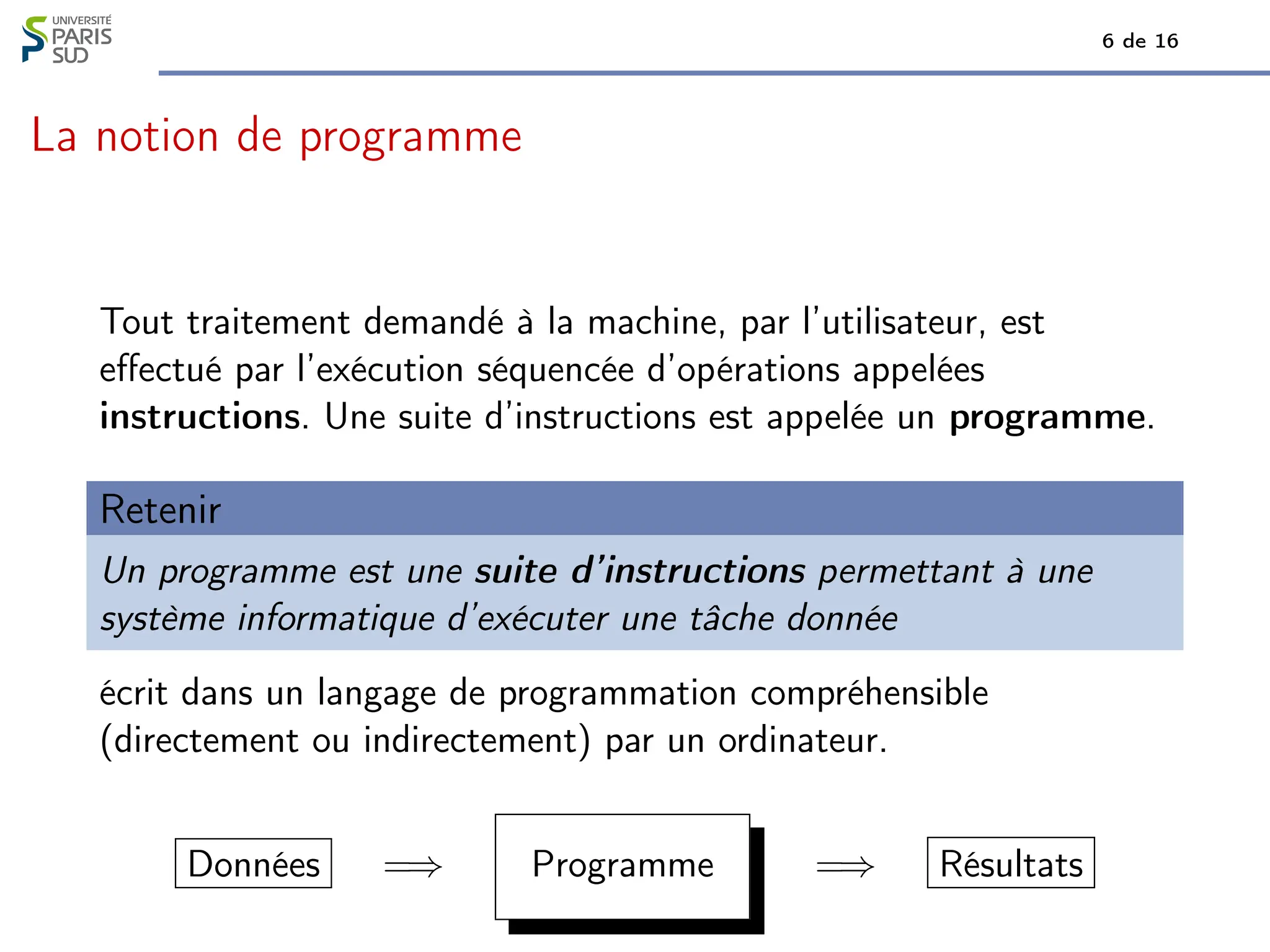 6 de 16
La notion de programme
Tout traitement demandé à la machine, par l’utilisateur, est
effectué par l’exécution séquencée d’opérations appelées
instructions. Une suite d’instructions est appelée un programme.
Retenir
Un programme est une suite d’instructions permettant à une
système informatique d’exécuter une tâche donnée
écrit dans un langage de programmation compréhensible
(directement ou indirectement) par un ordinateur.
Données =⇒ Programme =⇒ Résultats
 
