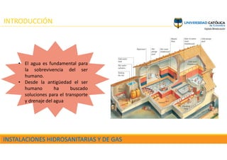 INTRODUCCIÓN
• El agua es fundamental para
la sobrevivencia del ser
humano.
• Desde la antigüedad el ser
humano ha buscado
soluciones para el transporte
y drenaje del agua
 