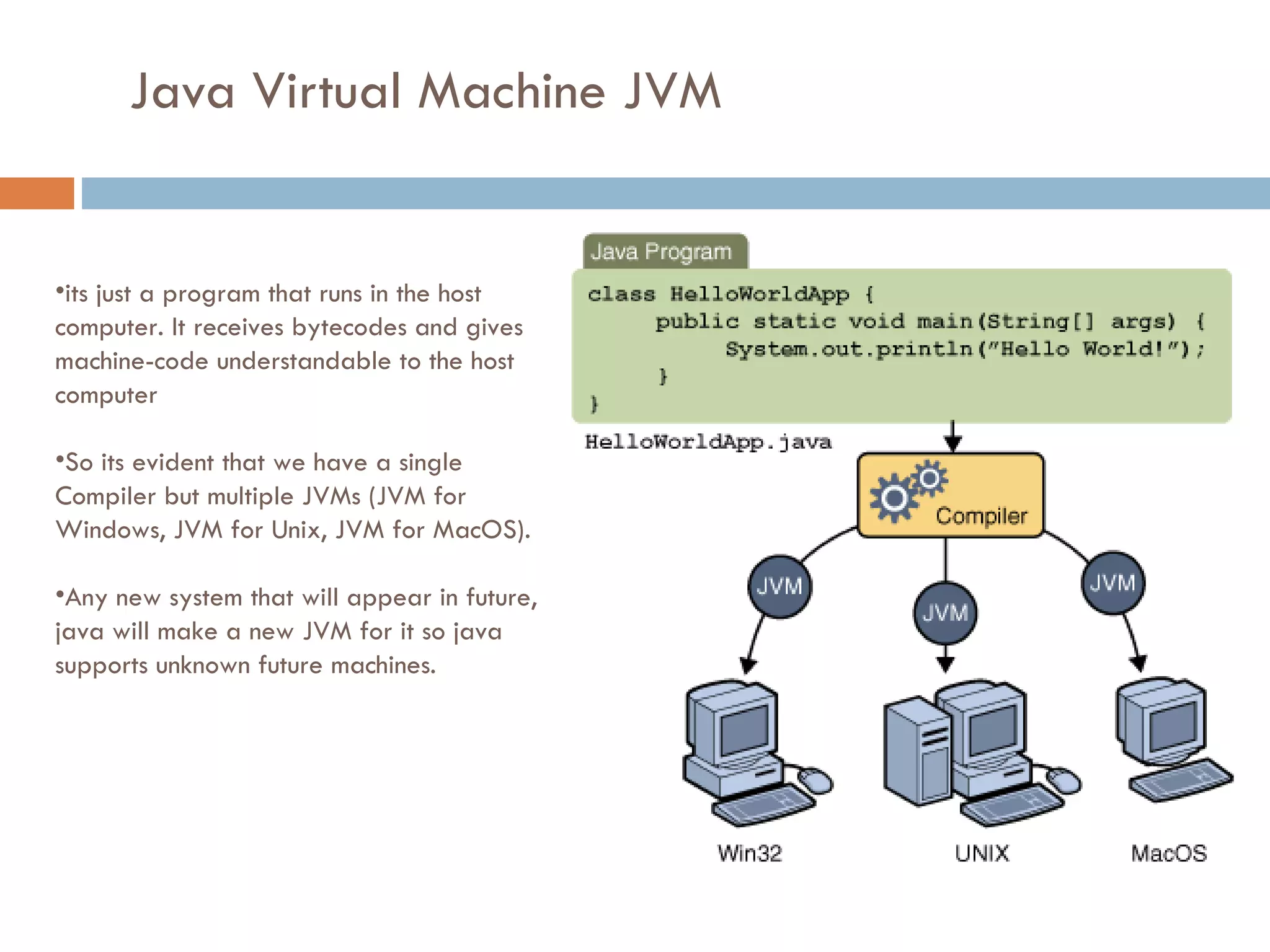 Java Virtual Machine JVM its just a program that runs in the host computer. It receives bytecodes and gives machine-code understandable to the host computer So its evident that we have a single Compiler but multiple JVMs (JVM for Windows, JVM for Unix, JVM for MacOS). Any new system that will appear in future, java will make a new JVM for it so java supports unknown future machines. 