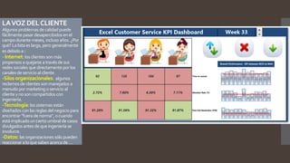 LAVOZ DELCLIENTE
Algunos problemas de calidad puede
fácilmente pasar desapercibidos en el
campodurante meses, incluso años. ¿Por
qué? La lista es larga, pero generalmente
es debido a:
-Internet: los clientes son más
propensos a quejarse através de sus
redes sociales quedirectamente porlos
canales de servicio al cliente.
-Silos organizacionales: algunos
reclamos de clientes son manejados a
menudo por marketing oservicio al
cliente ynoson compartidos con
ingeniería.
-Tecnología: los sistemas están
diseñados con las reglas del negocio para
encontrar "fuera de norma", ocuando
está implicado un cierto umbral de casos
divulgados antes de queingeniería se
involucre.
-Datos: las organizaciones sólo pueden
reaccionar aloquesaben acerca de….
 