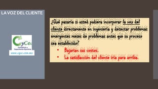 ¿Qué pasaría si usted pudiera incorporar la voz del
cliente directamente en ingeniería y detectar problemas
emergentes meses de problemas antes que su proceso
sea establecido?
• Bajarian sus costos.
• La satisfacción del cliente iría para arriba.
www.cyce.com.mx
LAVOZ DELCLIENTE
 