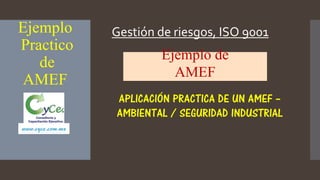 Gestión de riesgos, ISO 9001
APLICACIÓN PRACTICA DE UN AMEF –
AMBIENTAL / SEGURIDAD INDUSTRIAL
Ejemplo de
AMEF
Ejemplo
Pra...
