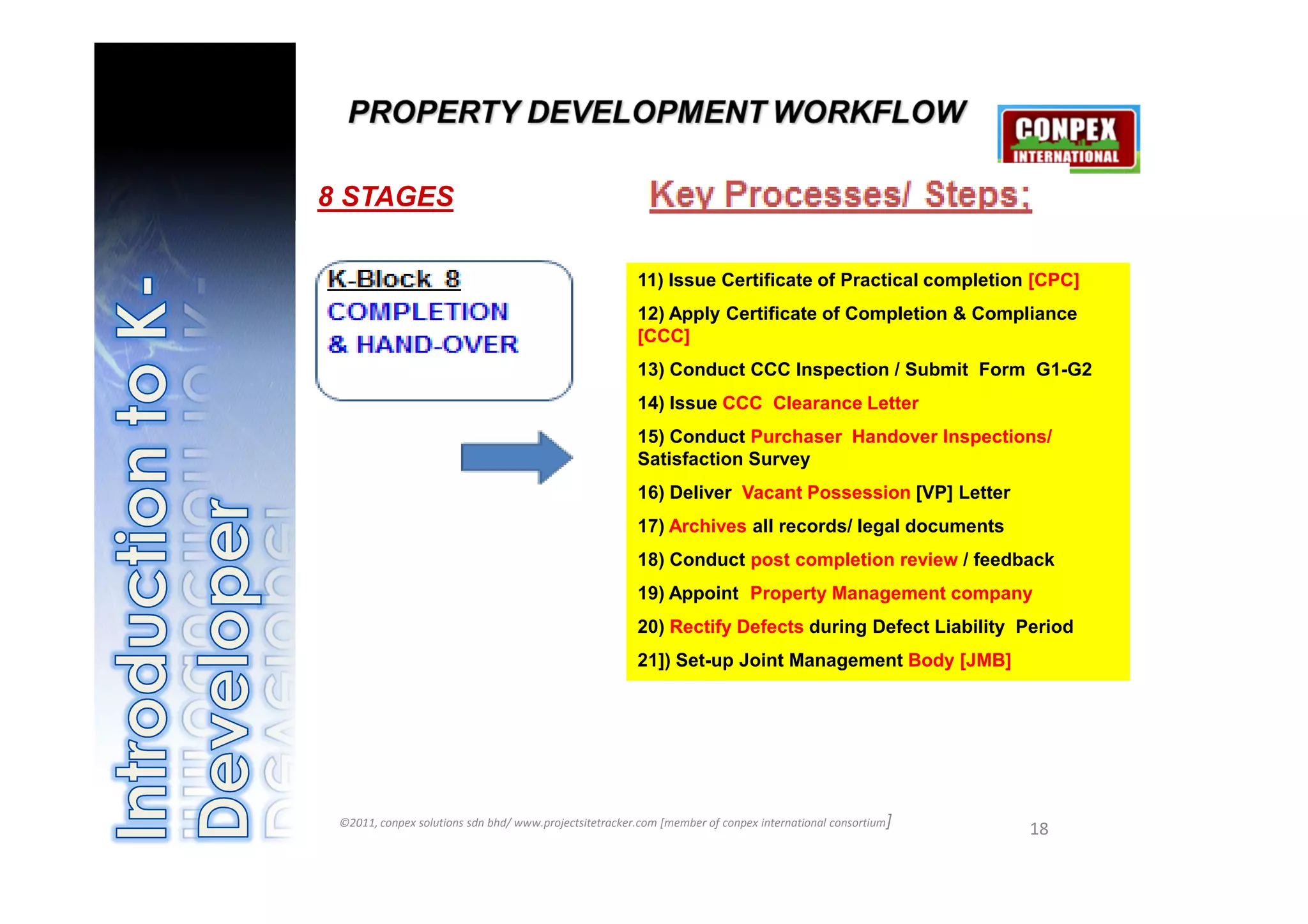 8 STAGES

                                                        11) Issue Certificate of Practical completion [CPC]
                                                        12) Apply Certificate of Completion & Compliance
                                                        [CCC]
                                                        13) Conduct CCC Inspection / Submit Form G1-G2
                                                        14) Issue CCC Clearance Letter
                                                        15) Conduct Purchaser Handover Inspections/
                                                        Satisfaction Survey
                                                        16) Deliver Vacant Possession [VP] Letter
                                                        17) Archives all records/ legal documents
                                                        18) Conduct post completion review / feedback
                                                        19) Appoint Property Management company
                                                        20) Rectify Defects during Defect Liability Period
                                                        21]) Set-up Joint Management Body [JMB]




 ©2011, conpex solutions sdn bhd/ www.projectsitetracker.com [member of conpex international consortium]
                                                                                                           18
 