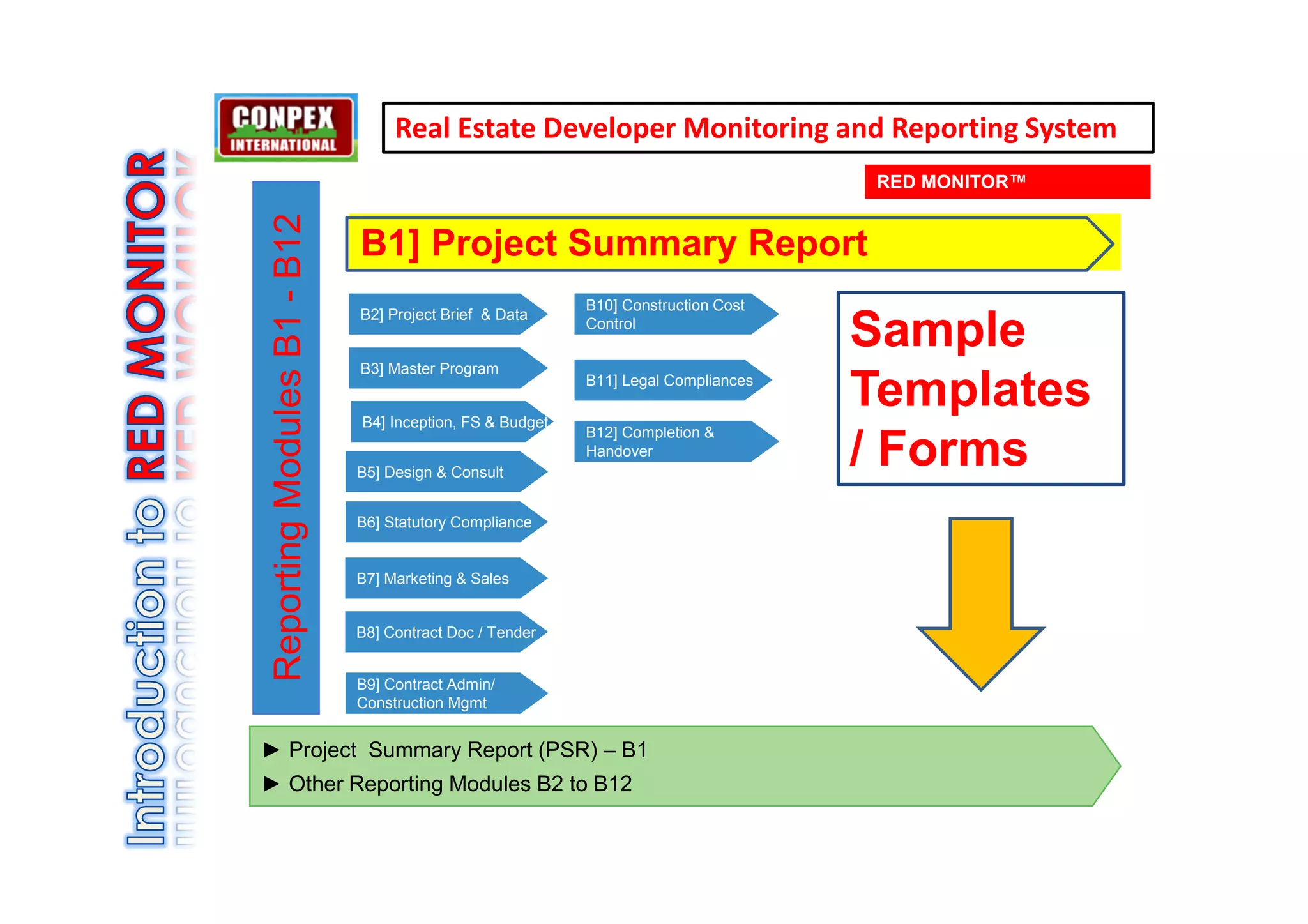 Real Estate Developer Monitoring and Reporting System
                                                                                    RED MONITOR™




 Reporting Modules B1 - B12
                              B1] Project Summary Report
                                                           B10] Construction Cost
                              B2] Project Brief & Data
                                                           Control
                                                                                    Sample
                              B3] Master Program


                              B4] Inception, FS & Budget
                                                           B11] Legal Compliances
                                                                                    Templates
                                                           B12] Completion &

                              B5] Design & Consult
                                                           Handover
                                                                                    / Forms
                              B6] Statutory Compliance


                              B7] Marketing & Sales


                              B8] Contract Doc / Tender


                              B9] Contract Admin/
                              Construction Mgmt


► Project Summary Report (PSR) – B1
► Other Reporting Modules B2 to B12
 