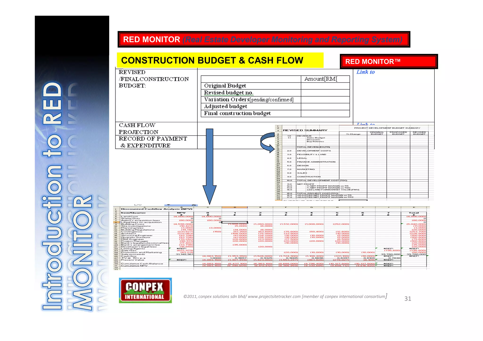 RED MONITOR (Real Estate Developer Monitoring and Reporting System)

CONSTRUCTION BUDGET & CASH FLOW                                                                RED MONITOR™




              ©2011, conpex solutions sdn bhd/ www.projectsitetracker.com [member of conpex international consortium]
                                                                                                                        31
 