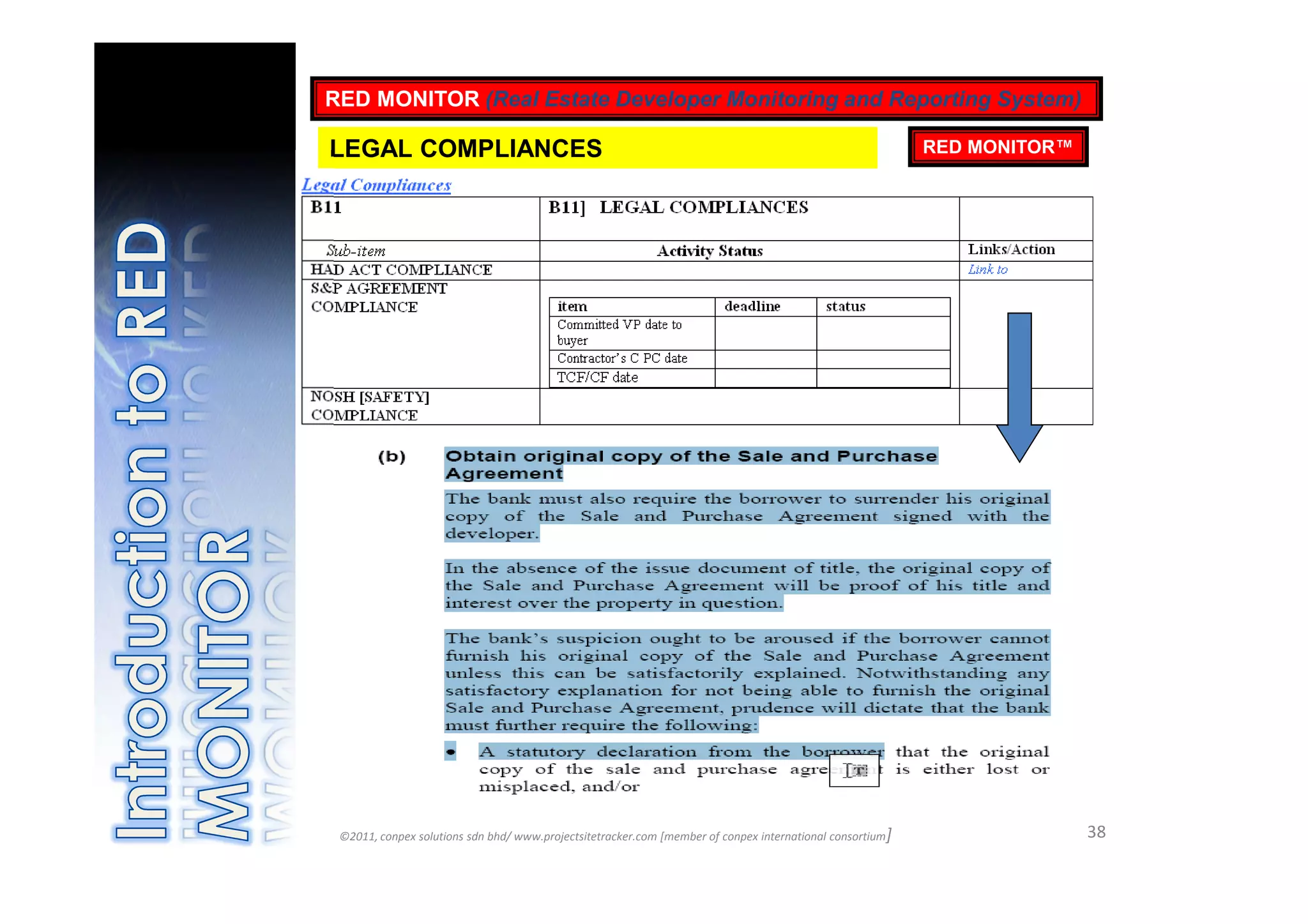RED MONITOR (Real Estate Developer Monitoring and Reporting System)

LEGAL COMPLIANCES                                                                                          RED MONITOR™




 ©2011, conpex solutions sdn bhd/ www.projectsitetracker.com [member of conpex international consortium]                  38
 