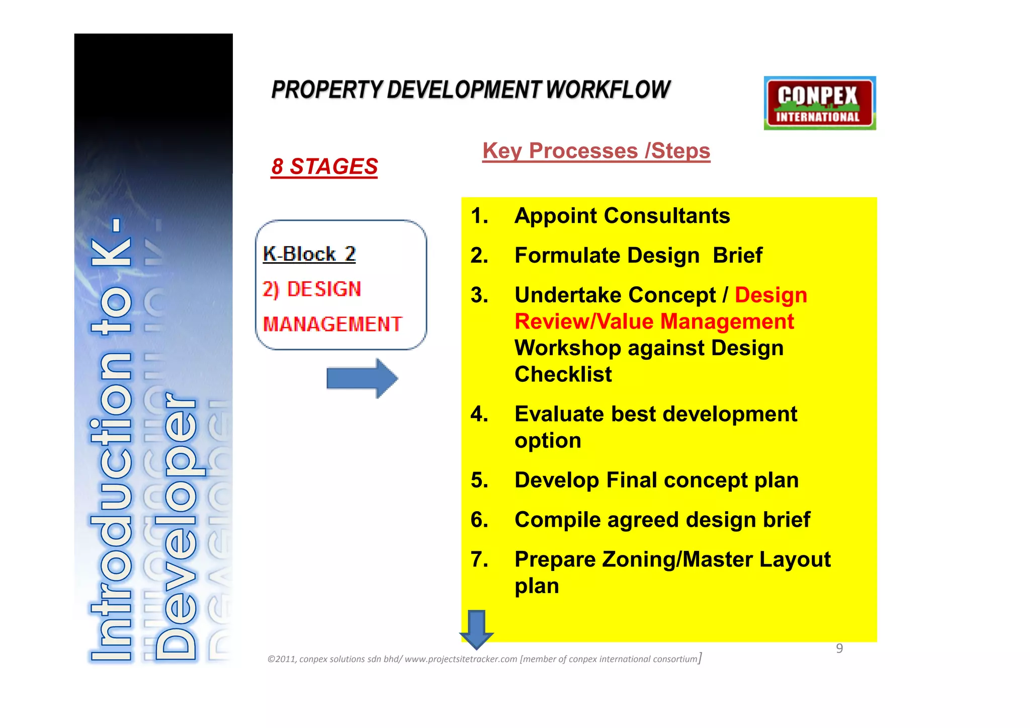 Key Processes /Steps
8 STAGES

                                                1.        Appoint Consultants
                                                2.        Formulate Design Brief
                                                3.        Undertake Concept / Design
                                                          Review/Value Management
                                                          Workshop against Design
                                                          Checklist
                                                4.        Evaluate best development
                                                          option
                                                5.        Develop Final concept plan
                                                6.        Compile agreed design brief
                                                7.        Prepare Zoning/Master Layout
                                                          plan

                                                                                                          9
©2011, conpex solutions sdn bhd/ www.projectsitetracker.com [member of conpex international consortium]
 