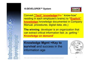 K-DEVELOPER™ System


Convert “Tacit” knowledge(the “ know-how”
residing in each employee's brains) to “Explicit”
knowledge( knowledge documented in Company
Manual, procedures, digital data, etc.)
The winning developer is an organization that
can extract critical information fast ,ie. getting “
Knowledge on demand”

Knowledge Mgmt =Key to
survival and success in the
information age

©2011, conpex solutions sdn bhd/ www.projectsitetracker.com [member of conpex international consortium]
                                                                                                          4
 