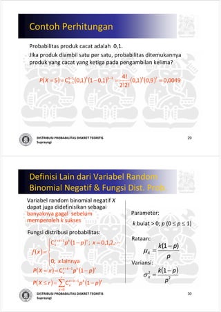 29DISTRIBUSI PROBABILITAS DISKRET TEORITIS
Suprayogi
Contoh Perhitungan
Probabilitas produk cacat adalah 0,1. 
Jika produk diambil satu per satu, probabilitas ditemukannya
produk yang cacat yang ketiga pada pengambilan kelima? 
( ) ( ) ( ) ( ) ( ) 0049,09,01,0
2!2!
4!
1,011,0C5 2335315
13 ==−== −−
−XP
30DISTRIBUSI PROBABILITAS DISKRET TEORITIS
Suprayogi
Definisi Lain dari Variabel Random 
Binomial Negatif & Fungsi Dist. Prob.
Variabel random binomial negatif X 
dapat juga didefinisikan sebagai
banyaknya gagal sebelum
memperoleh k sukses
( )
( )
⎪
⎩
⎪
⎨
⎧ =−
=
−+
lainnya   ;0
,2,1,0  ;1C 1
x
xpp
xf
xkkx
x L
Parameter:
k bulat > 0; p (0 ≤ p ≤ 1)
Rataan:
Variansi:
p
pk
X
)1( −
=μ
( )
2
2 1
p
pk
X
−
=σ
Fungsi distribusi probabilitas:
( ) ( )xkkx
x ppxXP −== −+
1C 1
( ) ( )∑=
−+
−=≤
r
x
xkkx
x pprXP
0
1
1C
 