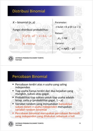 17DISTRIBUSI PROBABILITAS DISKRET TEORITIS
Suprayogi
Distribusi Binomial
X ∼ binomial (n, p) Parameter:
n bulat > 0; p (0 ≤ p ≤ 1)
Rataan:
Variansi:
Fungsi distribusi probabilitas:
npX =μ
( )pnpX −= 12
σ
( )
( )
⎪
⎩
⎪
⎨
⎧ =−
=
−
lainnya   ;0
,,1,0  ;1C
x
nxpp
xf
xnxn
x L
18DISTRIBUSI PROBABILITAS DISKRET TEORITIS
Suprayogi
Percobaan Binomial
Percobaan terdiri atas n usaha yang saling
independen
Tiap usaha hanya terdiri dari dua kejadian yang 
mungkin, sukses atau gagal.
Probabilitas tiap sukses untuk tiap usaha adalah
tetap, yaitu p (probabilitas gagal, 1 – p)
Variabel random yang menyatakan banyaknya
sukses dalam n usaha independen merupakan
variabel random binomial
Percobaan binomial merupakan percobaan Bernoulli 
yang independen yang dilakukan sebanyak n kali
 