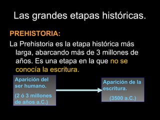 Las grandes etapas históricas.
PREHISTORIA:
La Prehistoria es la etapa histórica más
  larga, abarcando más de 3 millones de
  años. Es una etapa en la que no se
  conocía la escritura.
 Aparición del               Aparición de la
 ser humano.                 escritura.
 (2 ó 3 millones               (3500 a.C.)
 de años a.C.)
 