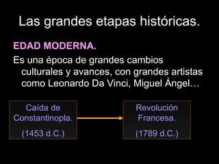 Las grandes etapas históricas.
EDAD MODERNA.
Es una época de grandes cambios
 culturales y avances, con grandes artistas
 como Leonardo Da Vinci, Miguel Ángel…

  Caída de                 Revolución
Constantinopla.            Francesa.
  (1453 d.C.)              (1789 d.C.)
 