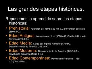 Las grandes etapas históricas.
Repasemos lo aprendido sobre las etapas
  históricas:
• Prehistoria: Aparición del hombre (3 mill a.C.)/Invención escritura
   (3500 a.C.).
• Edad Antigua: Invención escritura (3500 a.C.)/Caída del Imperio
   Romano (476 d.C.).
• Edad Media: Caída del Imperio Romano (476 d.C.)
   Descubrimiento de América (1492 d.C.)
• Edad Moderna: Descubrimiento de América (1492 d.C.)
   Revolución Francesa (1789 d.C.).
• Edad Contemporánea: Revolución Francesa (1789
   d.C.)/Actualidad.
 
