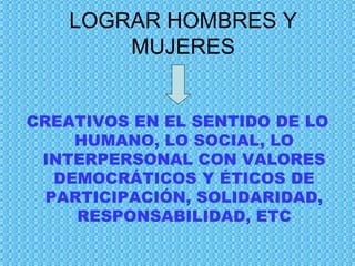 LOGRAR HOMBRES Y MUJERES CREATIVOS EN EL SENTIDO DE LO HUMANO, LO SOCIAL, LO INTERPERSONAL CON VALORES DEMOCRÁTICOS Y ÉTICOS DE PARTICIPACIÓN, SOLIDARIDAD, RESPONSABILIDAD, ETC 