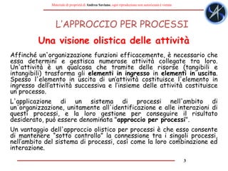 3
Materiale di proprietà di Andrea Saviano, ogni riproduzione non autorizzata è vietata
L’APPROCCIO PER PROCESSI
Affinché un'organizzazione funzioni efficacemente, è necessario che
essa determini e gestisca numerose attività collegate tra loro.
Un'attività è un qualcosa che tramite delle risorse (tangibili e
intangibili) trasforma gli elementi in ingresso in elementi in uscita.
Spesso l'elemento in uscita di un’attività costituisce l'elemento in
ingresso dell’attività successiva e l’insieme delle attività costituisce
un processo.
L'applicazione di un sistema di processi nell'ambito di
un'organizzazione, unitamente all'identificazione e alle interazioni di
questi processi, e la loro gestione per conseguire il risultato
desiderato, può essere denominata "approccio per processi".
Un vantaggio dell'approccio olistico per processi è che esso consente
di mantenere “sotto controllo” la connessione tra i singoli processi,
nell’ambito del sistema di processi, così come la loro combinazione ed
interazione.
Una visione olistica delle attività
 