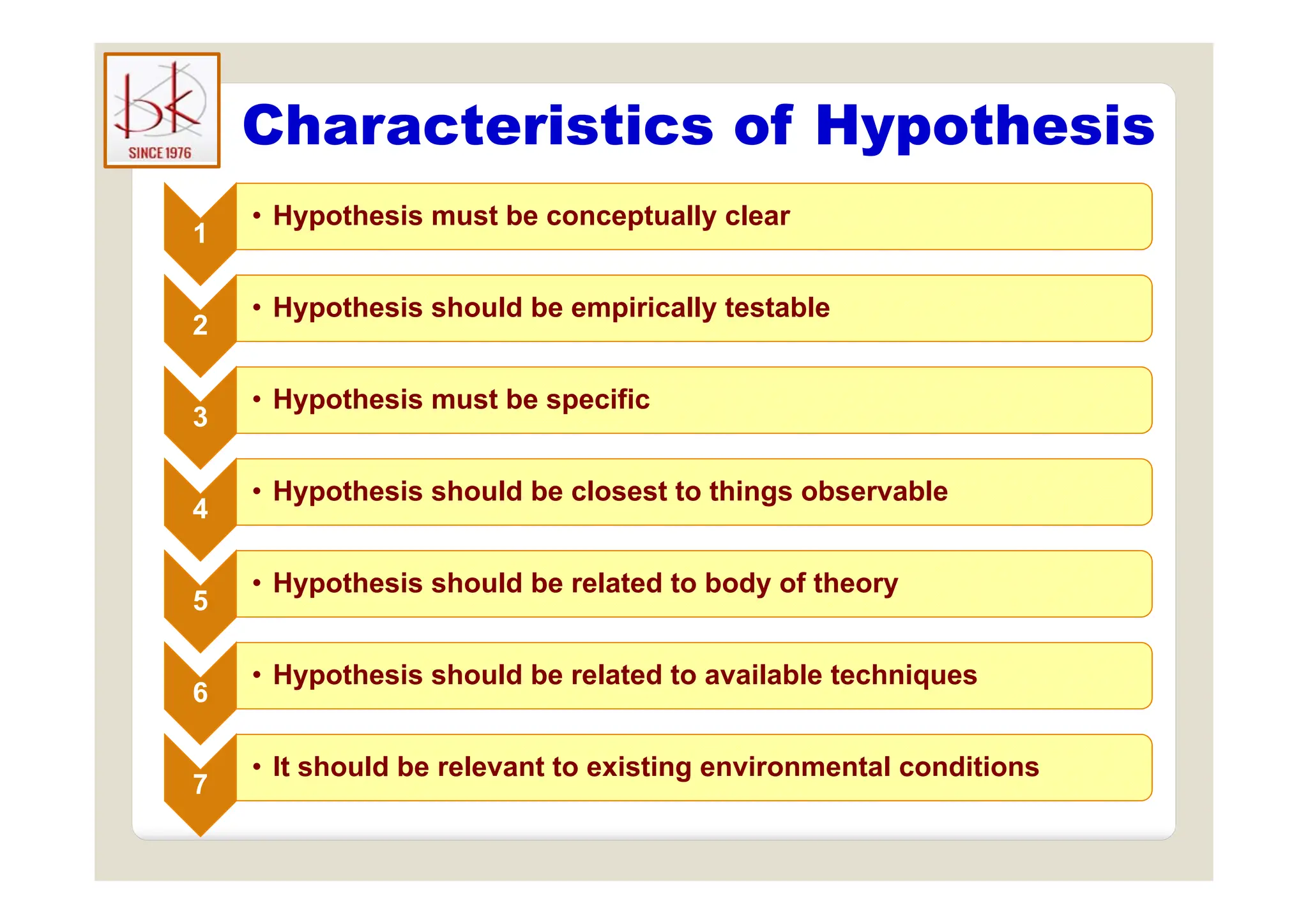 Characteristics of Hypothesis
yp
1
1
• Hypothesis must be conceptually clear
2
2
• Hypothesis should be empirically testable
3
3
• Hypothesis must be specific
4
4
• Hypothesis should be closest to things observable
5
5
• Hypothesis should be related to body of theory
• Hypothesis should be related to available techniques
6
6
• Hypothesis should be related to available techniques
7
7
• It should be relevant to existing environmental conditions
7
t s ou d be e e a t to e st g e o e ta co d t o s
 