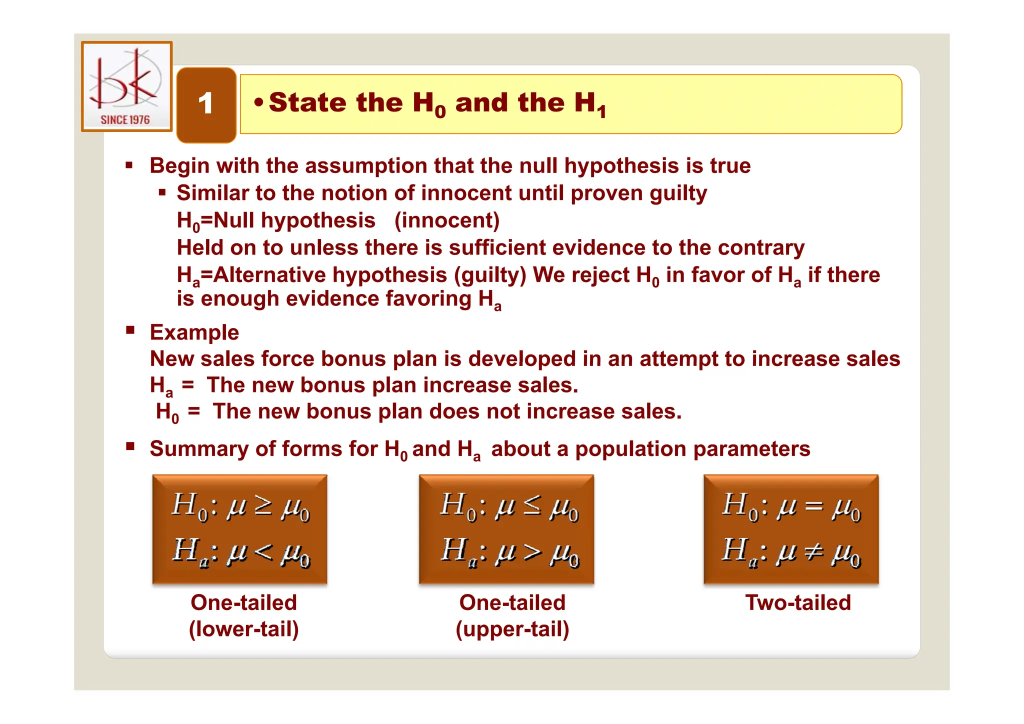 1 •State the H0 and the H1
0 1
 Begin with the assumption that the null hypothesis is true
 Similar to the notion of innocent until proven guilty
Similar to the notion of innocent until proven guilty
H0=Null hypothesis (innocent)
Held on to unless there is sufficient evidence to the contrary
Ha=Alternative hypothesis (guilty) We reject H0 in favor of Ha if there
Ha Alternative hypothesis (guilty) We reject H0 in favor of Ha if there
is enough evidence favoring Ha
 Example
New sales force bonus plan is developed in an attempt to increase sales
New sales force bonus plan is developed in an attempt to increase sales
Ha = The new bonus plan increase sales.
H0 = The new bonus plan does not increase sales.
 S f f f H d H b t l ti t
 Summary of forms for H0 and Ha about a population parameters
One-tailed One-tailed Two-tailed
One tailed
(lower-tail)
One tailed
(upper-tail)
Two tailed
 