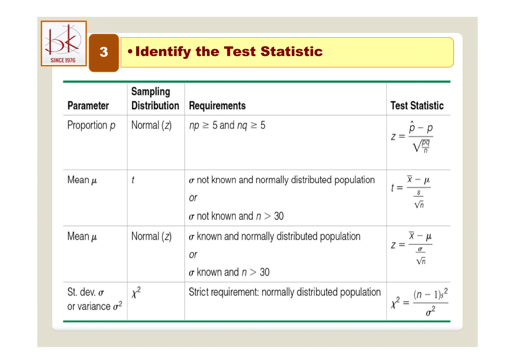 3 •Identify the Test Statistic
y
 