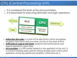 11
CPU (Central Processing Unit).
© Mohamed F.A.B 2015
o Instruction Decoder :is a part of the electronics which recognizes
program instructions and runs other circuits on the basis of that.
o Arithmetical Logical Unit (ALU): performs all mathematical and
logical operations upon data.
o Accumulator: is a SFR closely related to the operation of the ALU. It
is a kind of working desk used for storing all data upon which some
operation should be performed (addition, shift/move etc.).
o It is considered the brain of the microcontrollers.
o It is responsible for executing arithmetic and logic operations.
 