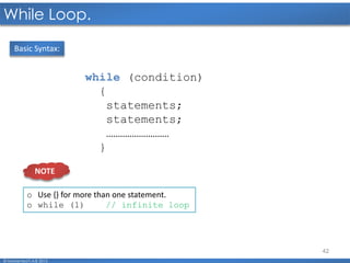 42
While Loop.
© Mohamed F.A.B 2015
while (condition)
{
statements;
statements;
………………………
}
Basic Syntax:
o Use {} for more than one statement.
o while (1) // infinite loop
NOTE
 