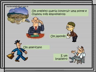 Um japonês   Um americano E um brasileiro Um prefeito queria construir uma ponte e chamou três empreiteiros: 