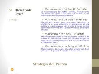 Strategia del Prezzo 
VI. Obbiettivi del 
Prezzo 
Settaggi : 
• Massimizzazione del Profitto Corrente 
La massimizzazione del profitto corrente, tenendo conto 
unicamente dei Volumi e dei Costi può risultare in una 
diminuzione del profitto di lungo termine. 
• Massimizzazione dei Volumi di Vendita 
Massimizzare i volumi, senza tener conto dei margini di 
profitto ha un senso unicamente in abbinamento ad una 
politica di massimizzazione del profitto di lungo periodo 
attraverso l’incremento della Quota di Mercato e la Riduzione 
dei Costi. 
• Massimizzazione della Quantità 
Massimizzare la quantità di unità di prodotto vendute o del 
numero di Clienti serviti ha senso nella riduzione dei costi nel 
lungo periodo come rilevato dalla Curva Storico Prezzi/Volumi 
« Experience Curve » 
• Massimizzazione del Margine di Profitto 
Massimizzazione del margine di profitto unitario sulla base 
previsionale di quantità di prodotto in decremento. 
 