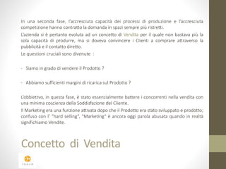 In una seconda fase, l’accresciuta capacità dei processi di produzione e l’accresciuta 
competizione hanno contratto la domanda in spazi sempre più ristretti. 
L’azienda si è pertanto evoluta ad un concetto di Vendita per il quale non bastava più la 
sola capacità di produrre, ma si doveva convincere i Clienti a comprare attraverso la 
pubblicità e il contatto diretto. 
Le questioni cruciali sono divenute : 
- Siamo in grado di vendere il Prodotto ? 
- Abbiamo sufficienti margini di ricarica sul Prodotto ? 
L’obbiettvo, in questa fase, è stato essenzialmente battere i concorrenti nella vendita con 
una minima coscienza della Soddisfazione del Cliente. 
Il Marketing era una funzione attivata dopo che il Prodotto era stato sviluppato e prodotto; 
confuso con l’ “hard selling”, "Marketing“ è ancora oggi parola abusata quando in realtà 
significhiamo Vendite. 
Concetto di Vendita 
 