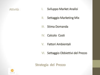 Attività : I. Sviluppo Market Analisi 
II. Settaggio Marketing Mix 
III. Stima Domanda 
IV. Calcolo Costi 
V. Fattori Ambientali 
VI. Settaggio Obbiettivi del Prezzo 
Strategia del Prezzo 
 