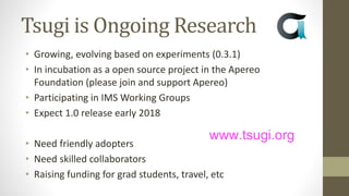 Tsugi is Ongoing Research
• Growing, evolving based on experiments (0.3.1)
• In incubation as a open source project in the Apereo
Foundation (please join and support Apereo)
• Participating in IMS Working Groups
• Expect 1.0 release early 2018
• Need friendly adopters
• Need skilled collaborators
• Raising funding for grad students, travel, etc
www.tsugi.org
 