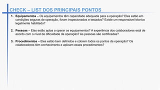 1. Equipamentos – Os equipamentos têm capacidade adequada para a operação? Eles estão em
condições seguras de operação, foram inspecionados e testados? Existe um responsável técnico
legalmente habilitado?
2. Pessoas – Elas estão aptas a operar os equipamentos? A experiência dos colaboradores está de
acordo com o nível de dificuldade da operação? As pessoas são certificadas?
3. Procedimentos – Eles estão bem definidos e cobrem todos os pontos da operação? Os
colaboradores têm conhecimento e aplicam esses procedimentos?
CHECK – LIST DOS PRINCIPAIS PONTOS
 