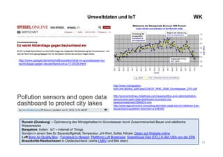 10
WKUmweltdaten und IoT
Rumeln (Duisburg) – Optimierung des Nitratgehaltes im Grundwasser durch Zusammenarbeit Bauer und städtische
Wasserwerke
Bangalore, Indien: IoT – Internet of Things
Sonden in einem See für Sauerstoffgehalt, Temperatur. pH-Wert, Sulfat, Nitrate: Daten auf Website online
Luft Bonn Air Quality Box ; Feinstaub in Hessen; Plattform Luft Bodensee; Greenhouse Gas (CO2) in den USA von der EPA
Braunkohle-Restlochseen in Ostdeutschland (siehe LMBV und Bild oben)
http://www.spiegel.de/wirtschaft/soziales/nitrat-im-grundwasser-eu-
reicht-klage-gegen-deutschland-ein-a-1120036.html
http://economictimes.indiatimes.com/news/politics-and-nation/pollution-
sensors-and-open-data-dashboard-to-protect-city-
lakes/articleshow/52846824.cms
http://www.egovernment-computing.de/indien-zeigt-wie-iot-initiativen-fuer-
deutschland-aussehen-koennten-a-544345/
http://www.rheingraben-
nord.nrw.de/img_auth.php/2/24/GF_RHE_2008_Grundwasser_DVV.pdf
 