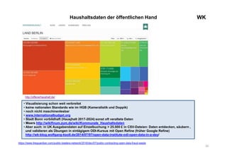 20
WKHaushaltsdaten der öffentlichen Hand
• Visualisierung schon weit verbreitet
• keine nationalen Standards wie im HGB (Kameralistik und Doppik)
• noch nicht maschinenlesbar
• www.internationalbudget.org
• Stadt Bonn vorbildhaft (Hausjhalt 2017-2024) sonst oft veraltete Daten
• Moers http://wikifinum.zum.de/wiki/Kommunale_Haushaltsdaten
• Aber auch: in UK Ausgabendaten auf Einzelbuchung > 25.000 £ in CSV-Dateien: Daten entdecken, säubern ‚
und validieren als Übungen in eintägigem ODI-Kursus mit Open Refine (früher Google Refine)
http://wk-blog.wolfgang-ksoll.de/2014/07/07/open-data-institute-odi-open-data-in-a-day/
https://www.theguardian.com/public-leaders-network/2016/dec/07/public-contracting-open-data-fraud-waste
http://offenerhaushalt.de/
 