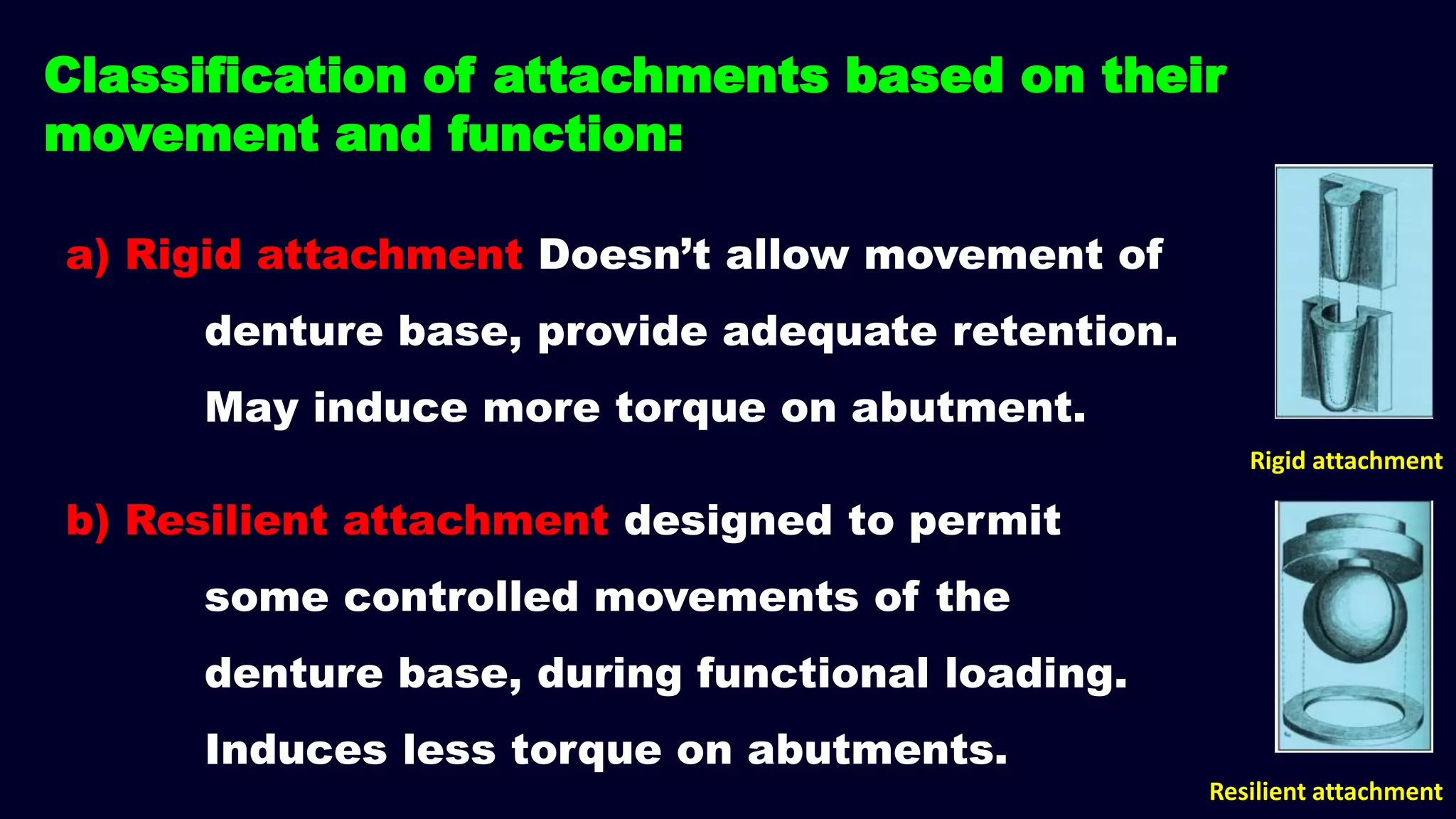 a) Rigid attachment Doesn’t allow movement of
denture base, provide adequate retention.
May induce more torque on abutment.
b) Resilient attachment designed to permit
some controlled movements of the
denture base, during functional loading.
Induces less torque on abutments.
Resilient attachment
Rigid attachment
Classification of attachments based on their
movement and function:
 