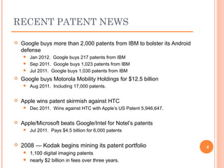 Google buys more than 2,000 patents from IBM to bolster its Android
defense
 Jan 2012. Google buys 217 patents from IBM
 Sep 2011. Google buys 1,023 patents from IBM
 Jul 2011. Google buys 1,030 patents from IBM
 Google buys Motorola Mobility Holdings for $12.5 billion
 Aug 2011. Including 17,000 patents.
 Apple wins patent skirmish against HTC
 Dec 2011. Wins against HTC with Apple’s US Patent 5,946,647.
 Apple/Microsoft beats Google/Intel for Notel’s patents
 Jul 2011. Pays $4.5 billion for 6,000 patents
 2008 — Kodak begins mining its patent portfolio
 1,100 digital imaging patents
 nearly $2 billion in fees over three years.
4
RECENT PATENT NEWS
 