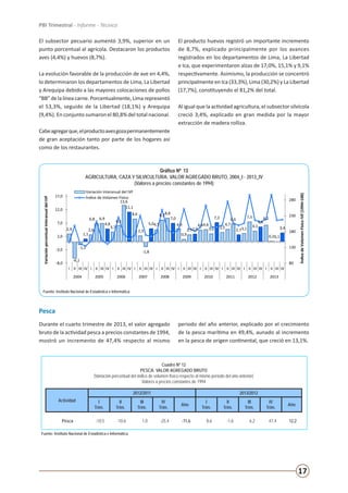 17
PBI Trimestral - Informe - Técnico
El subsector pecuario aumentó 3,9%, superior en un
punto porcentual al agrícola. Destacaron los productos
aves (4,4%) y huevos (8,7%).
La evolución favorable de la producción de ave en 4,4%,
lo determinaron los departamentos de Lima, La Libertad
y Arequipa debido a las mayores colocaciones de pollos
“BB”delalíneacarne.Porcentualmente,Limarepresentó
el 53,3%, seguido de la Libertad (18,1%) y Arequipa
(9,4%). En conjunto sumaron el 80,8% del total nacional.
Cabeagregarque,elproductoavesgozapermanentemente
de gran aceptación tanto por parte de los hogares así
como de los restaurantes.
El producto huevos registró un importante incremento
de 8,7%, explicado principalmente por los avances
registrados en los departamentos de Lima, La Libertad
e Ica, que experimentaron alzas de 17,0%, 15,1% y 9,1%
respectivamente. Asimismo, la producción se concentró
principalmente en Ica (33,3%), Lima (30,2%) y La Libertad
(17,7%), constituyendo el 81,2% del total.
Al igual que la actividad agricultura, el subsector silvícola
creció 3,4%, explicado en gran medida por la mayor
extracción de madera rolliza.
Gráfico Nº 13
AGRICULTURA, CAZA Y SILVICULTURA: VALOR AGREGADO BRUTO, 2004_I - 2013_IV
(Valores a precios constantes de 1994)
Fuente: Instituto Nacional de Estadística e Informática.
2,9
-6,1
-1,1
1,1
2,6
6,8 6,9
4,8
3,7
6,1
13,6
11,1
8,6
2,3
-1,8
5,04,5
8,28,8
7,0
4,9
0,9
2,72,9
4,44,6
3,0
7,2
3,5
4,7
6,6
2,73,1
7,5
4,1
5,6
6,2
0,20,1
3,4
80
130
180
230
280
-8,0
-3,0
2,0
7,0
12,0
17,0
I II III IV I II III IV I II III IV I II III IV I II III IV I II III IV I II III IV I II III IV I II III IV I II III IV
2004 2005 2006 2007 2008 2009 2010 2011 2012 2013
ÍndicedeVolúmenFísicoIVF(1994=100)
VariaciónporcentualinteranualdelIVF
Variación interanual del IVF
Índice de Volúmen Físico
Gráfico Nº 13
AGRICULTURA, CAZA Y SILVICULTURA: VALOR AGREGADO BRUTO, 2004_I - 2013_IV
(Valores a precios constantes de 1994)
Fuente: Instituto Nacional de Estadística e Informática.
11,6
33,8
40,9
35,3
14,8
3,6
-6,3
1,5
25,0
-11,1
13,2
-3,3
16,6
5,9
-3,1
6,16,64,4
15,0
2,6
-11,1
4,7
-0,6
-10,5-7,7-6,4
-23,3-21,3
21,7
18,6
58,9
43,7
-10,5-10,6
1,0
-25,4
8,6
-1,6
6,2
47,4
0
20
40
60
80
100
120
140
160
180
200
-50,0
-30,0
-10,0
10,0
30,0
50,0
70,0
I II III IV I II III IV I II III IV I II III IV I II III IV I II III IV I II III IV I II III IV I II III IV I II III IV
2004 2005 2006 2007 2008 2009 2010 2011 2012 2013
ÍndicedeVolúmenFísicoIVF(1994=100)
VariaciónporcentualinteranualdelIVF
Variación interanual del IVF
Índice de Volúmen Físico
Gráfico Nº 14
PESCA: VALOR AGREGADO BRUTO, 2004_I - 2013_IV
(Valores a precios constantes de 1994)
Fuente: Instituto Nacional de Estadística e Informática.
Pesca
Durante el cuarto trimestre de 2013, el valor agregado
bruto de la actividad pesca a precios constantes de 1994,
mostró un incremento de 47,4% respecto al mismo
periodo del año anterior, explicado por el crecimiento
de la pesca marítima en 49,4%, aunado al incremento
en la pesca de origen continental, que creció en 13,1%.
Cuadro Nº 12
PESCA: VALOR AGREGADO BRUTO
(Variación porcentual del índice de volumen físico respecto al mismo período del año anterior)
Valores a precios constantes de 1994
Actividad
2012/2011 2013/2012
I
Trim.
II
Trim.
III
Trim.
IV
Trim.
Año
I
Trim.
II
Trim.
III
Trim.
IV
Trim.
Año
Pesca -10,5 -10,6 1,0 -25,4 -11,6 8,6 -1,6 6,2 47,4 12,2
Fuente: Instituto Nacional de Estadística e Informática.
 