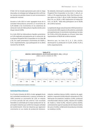 22
PBI Trimestral - Informe - Técnico
El lote 131 ha iniciado operaciones pero está en etapa
de prueba, sin embargo este hallazgo permite confirmar
las reservas de petróleo liviano lo cual incrementará la
producción nacional.
Durante el año 2013 el valor agregado bruto de la
actividad hidrocarburos presentó un incremento de
6,2% debido a los incrementos en los volúmenes de
extracción tanto de hidrocarburos líquidos (9,2%) como
de gas natural (2,8%).
En el año 2013 los hidrocarburos líquidos aumentaron
en 9,2% explicado principalmente por la extracción de
la empresa Pluspetrol Perú Corporation en los lotes 88
y 56, los cuales presentaron crecimientos de 36,8% y
4,1%, respectivamente, cuya participación en la oferta
nacional fue de 60,3%.
No obstante, disminuyó la producción de las empresas
Pluspetrol Perú Corporation en los lotes 1 –AB y 8, en
3,9% y 1,7% respectivamente; Petro-Tech Peruana S.A.,
que opera en el lote Z -2B en 11,8%; Petrobras Energía
Perú S.A. en 18,5%; y BPZ Exploración & Producción
S.R.L. en 18,7%. Todas ellas participaron con el 30,0%
de la oferta nacional.
Laexplotacióndegasnaturalduranteel2013presentóun
incremento de 2,8% respecto al año anterior, sustentado
principalmente por el crecimiento mostrado por los lotes
56 (7,2%) y 58 (2,1%) ubicados en el Cusco. Estos lotes
representaron el 96,6% de la oferta nacional.
Mientras que, los lotes 31 C, X, Z -2B y VII/VI;
disminuyeron su producción en 52,3%, 37,8%, 57,1% y
6,5%; respectivamente.
Gráfico Nº 15
MINERÍA E HIDROCARBUROS: VALOR AGREGADO BRUTO, 2004_I - 2013_IV
(Valores a precios constantes de 1994)
Fuente: Instituto Nacional de Estadística e Informática.
12,2
2,71,3
5,4
0,6
5,4
11,8
15,5
6,6
8,7
-0,3
-7,7
-1,8-1,5
5,2
8,9
6,3
10,0
7,6 6,6
3,3
0,60,4
-1,0
1,52,1
-1,8
-0,5-0,3
-2,5
1,42,0
3,4
4,43,6
-2,0-2,8
4,9
3,3
6,1
0
50
100
150
200
250
300
-10,0
-5,0
0,0
5,0
10,0
15,0
20,0
I II III IV I II III IV I II III IV I II III IV I II III IV I II III IV I II III IV I II III IV I II III IV I II III IV
2004 2005 2006 2007 2008 2009 2010 2011 2012 2013 ÍndicedeVolúmenFísicoIVF(1994=100)
VariaciónporcentualinteranualdelIVF
Variación interanual del IVF
MINERÍA E HIDROCARBUROS: VALOR AGREGADO BRUTO, 2004_I - 2013_IV
(Valores a precios constantes de 1994)
Fuente: Instituto Nacional de Estadística e Informática.
5,06,0
7,2
11,3
8,3
9,4
7,3
5,0
7,9
3,4
8,99,99,6
12,4
10,9
11,411,4
12,5
10,7
2,4
-4,2
-11,9
-9,9
-1,4
7,8
16,317,3
12,7
11,2
5,75,2
2,6
0,91,52,11,40,5
3,2
1,71,3
0
50
100
150
200
250
-15,0
-10,0
-5,0
0,0
5,0
10,0
15,0
20,0
I II III IV I II III IV I II III IV I II III IV I II III IV I II III IV I II III IV I II III IV I II III IV I II III IV
2004 2005 2006 2007 2008 2009 2010 2011 2012 2013
ÍndicedeVolúmenFísicoIVF(1994=100)
VariaciónPorcentualinteranualdelIVF
Variación interanual del IVF
Índice de Volúmen Físico
Gráfico Nº 15
MANUFACTURA: VALOR AGREGADO BRUTO, 2004_ I - 2013_IV
(Valores a precios constantes de 1994)
Fuente: Instituto Nacional de Estadística e Informática.
Actividad Manufactura
En el Cuarto trimestre de 2013, el valor agregado bruto
de la actividad manufacturera, a precios constantes de
1994, presentó un crecimiento de 1,3%, en relación
al mismo periodo del año anterior. Este resultado
favorable es sustentado por la mayor producción da las
principales industrias que conforman esta gran actividad
de transformación. Entre las industrias que registraron
crecimiento en sus niveles de producción destacan:
industria metálicas básicas (6,8%), industria de papel,
edición e impresión (6,4%),industria alimenticia (5,7%),
fabricación de productos metálicos (3,9%), productos
manufacturados diversos (3,9%), industria de muebles
de madera y metal (1,4%), industria química (0,6%);
contrariamentecayeronlaproduccióndeindustriatextily
decuero(-15,6%)y lafabricacióndeproductosminerales
no metálicos (-6,2%).
 