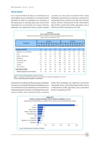 3
PBI Trimestral - Informe - Técnico
Oferta Global
En el cuarto trimestre de 2013, el crecimiento de la
oferta global estuvo sustentada en el comportamiento
favorable de todas las actividades que componen el
PBI destacando la actividad pesca que creció 47,4%
impulsado por el incremento de la pesca marítima
destinado a las industrias de harina y aceite, enlatado
y curado, así como, para el consumo fresco. Otras
actividades económicas que mostraron crecimiento en
este periodo fueron: comercio con 7,0%, otros servicios
(6,5%), minería e hidrocarburos (6,1%), electricidad y
agua (5,5%), construcción (3,6%), agricultura, caza y
silvicultura (3,4%) y manufactura con 1,3%.
Cuadro Nº 2
PERÚ: PRODUCTO BRUTO INTERNO
(Variación porcentual del índice de volumen físico respecto al mismo período del año anterior)
Valores a precios constantes de 1994
Actividades
2012/2011 2013/2012
I
Trim.
II
Trim.
III
Trim.
IV
Trim.
Año
I
Trim.
II
Trim.
III
Trim.
IV
Trim.
Año
Economía Total (PBI) 6,3 6,6 6,5 5,9 6,3 4,8 5,6 4,5 5,2 5,0
Agricultura, Caza y Silvicultura 3,1 7,5 4,1 5,6 5,3 6,2 0,2 0,1 3,4 2,2
Pesca -10,5 -10,6 1,0 -25,4 -11,6 8,6 -1,6 6,2 47,4 12,2
Minería e Hidrocarburos 3,4 4,4 3,6 -2,0 2,3 -2,8 4,9 3,3 6,1 2,9
Manufactura 0,9 1,5 2,1 1,4 1,5 0,5 3,2 1,7 1,3 1,7
Electricidad y Agua 6,3 5,1 5,3 4,9 5,4 4,8 6,1 6,1 5,5 5,6
Construcción 12,4 16,7 17,8 12,5 14,8 12,0 14,5 5,8 3,6 8,6
Comercio 8,3 6,8 6,5 6,6 7,0 5,0 6,4 5,1 7,0 5,9
Otros Servicios1/
7,6 7,1 6,8 7,0 7,1 5,7 6,3 6,1 6,5 6,2
Total Industrias (VAB) 6,2 6,5 6,3 5,7 6,2 4,8 5,7 4,6 5,4 6,2
DM-Otros Impuestos a los Productos 7,1 8,1 8,1 7,8 7,7 4,5 4,8 3,5 3,1 4,0
1/ Incluye Servicios Gubernamentales y Resto de Servicios
Nota: - La estimación al IV trimestre del 2013 ha sido elaborada con información disponible al 15-02-2014
Fuente: Instituto Nacional de Estadística e Informática.
Analizando los resultados del PBI por grandes actividades
económicas,enelaño2013destacalaactividadpescacon
un incremento de 12,2%, explicada por el incremento en
el desembarque de anchoveta, la actividad construcción
creció en 8,6%, otros servicios (6,2%) y comercio
(5,9%). Otras actividades que registraron incrementos
importantes fueron: electricidad y agua (5,6%); minería
e hidrocarburos (2,9%), agricultura, caza y silvicultura
(2,2%) y manufactura (1,7%).
Gráfico Nº 3
PRODUCTO BRUTO INTERNO POR ACTIVIDAD ECONÓMICA: 2013_IV
(Variación porcentual del índice de volumen físico respecto al mismo período del año anterior)
Fuente: Instituto Nacional de Estadística e Informática.
1,3
3,4
3,6
5,2
5,5
6,1
6,5
7,0
47,4
0,0 10,0 20,0 30,0 40,0 50,0
Manufactura
Agricultura, Caza y Silvicultura
Construcción
PBI
Electricidad y Agua
Minería e Hidrocarburos
Otros Servicios
Comercio
Pesca
(Variación porcentual del índice de volumen físico respecto al mismo período del año anterior)
Fuente: Instituto Nacional de Estadística e Informática.
 