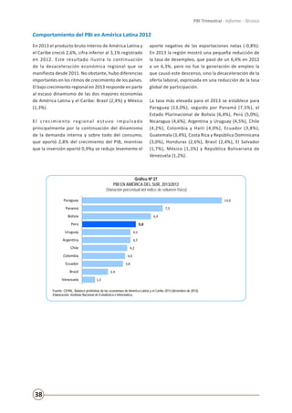 38
PBI Trimestral - Informe - Técnico
En 2013 el producto bruto interno de América Latina y
el Caribe creció 2,6%, cifra inferior al 3,1% registrado
en 2012. Este resultado ilustra la continuación
de la desaceleración económica regional que se
manifiesta desde 2011. No obstante, hubo diferencias
importantes en los ritmos de crecimiento de los países.
El bajo crecimiento regional en 2013 responde en parte
al escaso dinamismo de las dos mayores economías
de América Latina y el Caribe: Brasil (2,4%) y México
(1,3%).
El crecimiento regional estuvo impulsado
principalmente por la continuación del dinamismo
de la demanda interna y sobre todo del consumo,
que aportó 2,8% del crecimiento del PIB, mientras
que la inversión aportó 0,9%y se redujo levemente el
aporte negativo de las exportaciones netas (-0,8%).
En 2013 la región mostró una pequeña reducción de
la tasa de desempleo, que pasó de un 6,4% en 2012
a un 6,3%, pero no fue la generación de empleo la
que causó este descenso, sino la desaceleración de la
oferta laboral, expresada en una reducción de la tasa
global de participación.
La tasa más elevada para el 2013 se establece para
Paraguay (13,0%), seguido por Panamá (7,5%), el
Estado Plurinacional de Bolivia (6,4%), Perú (5,0%),
Nicaragua (4,6%), Argentina y Uruguay (4,5%), Chile
(4,2%), Colombia y Haití (4,0%), Ecuador (3,8%),
Guatemala (3,4%), Costa Rica y República Dominicana
(3,0%), Honduras (2,6%), Brasil (2,4%), El Salvador
(1,7%), México (1,3%) y República Bolivariana de
Venezuela (1,2%).
Comportamiento del PBI en América Latina 2012
Gráfico Nº 27
PBI EN AMÉRICA DEL SUR, 2013/2012
(Variación porcentual del índice de volumen físico)
Fuente: CEPAL, Balance preliminar de las economías de América Latina y el Caribe 2013 (diciembre de 2013).
Elaboración: Instituto Nacional de Estadística e Informática.
1,2
2,4
3,8
4,0
4,2
4,5
4,5
5,0
6,4
7,5
13,0
Venezuela
Brasil
Ecuador
Colombia
Chile
Argentina
Uruguay
Perú
Bolivia
Panamá
Paraguay
PBI EN AMÉRICA DEL SUR, 2013/2012
(Variación porcentual del índice de volumen físico)
Fuente: CEPAL, Balance preliminar de las economías de América Latina y el Caribe 2013 (diciembre de 2013).
Elaboración: Instituto Nacional de Estadística e Informática.
 